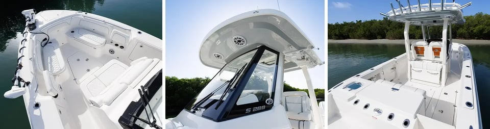 The all-new Pursuit S 288 highlighting its redesigned helm, premium hardtop, and versatile cockpit layout.