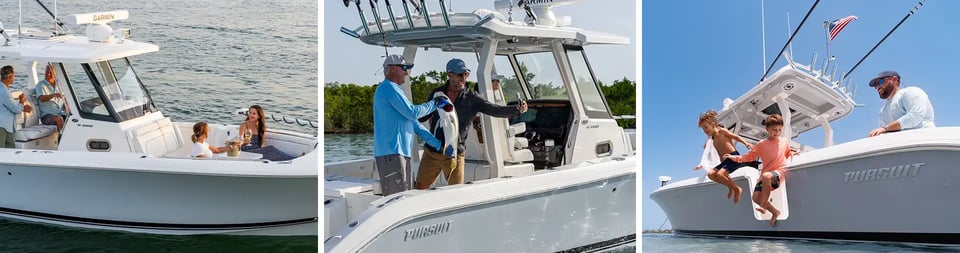 Lifestyle scenes aboard the all-new Pursuit S 288 featuring entertaining, fishing, and family adventures.