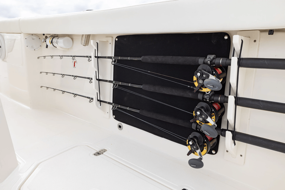 Conveniently located gunwale rod storage on Pursuit S 328