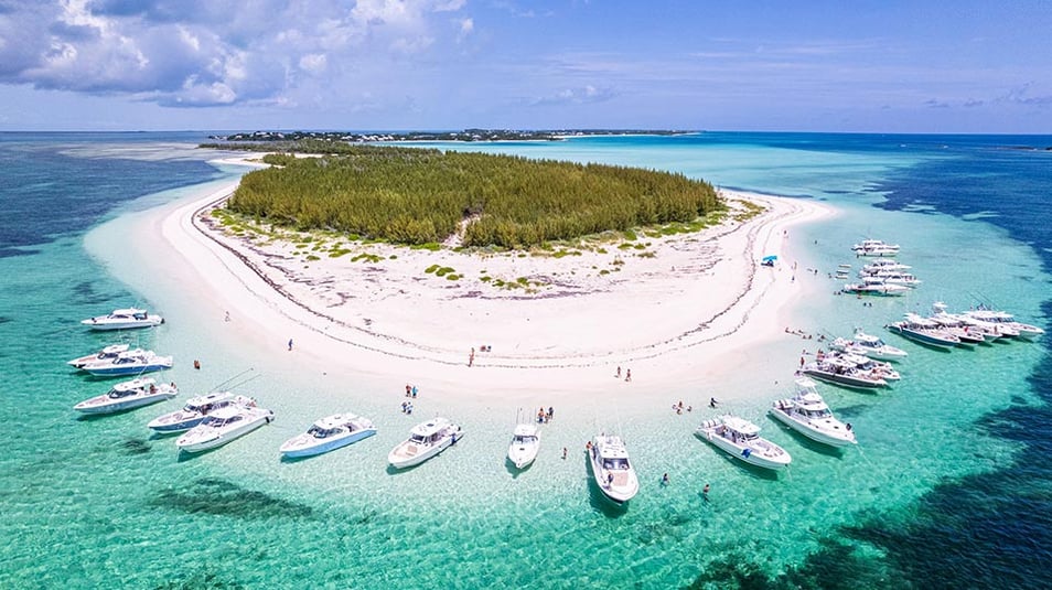 Aerial shot of Pursuit Boats rendezvousing in the Bahamas.