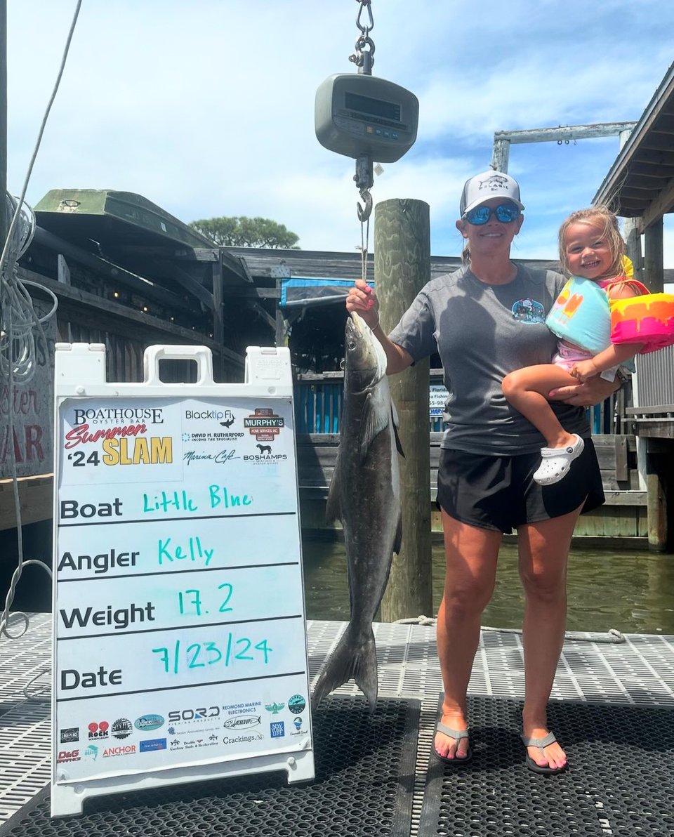 Kelly and Hannah on the dock weighing in after a fishing tournament