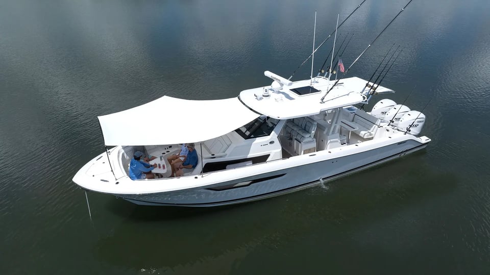 Pursuit Boat S 388 with sunshades installed.