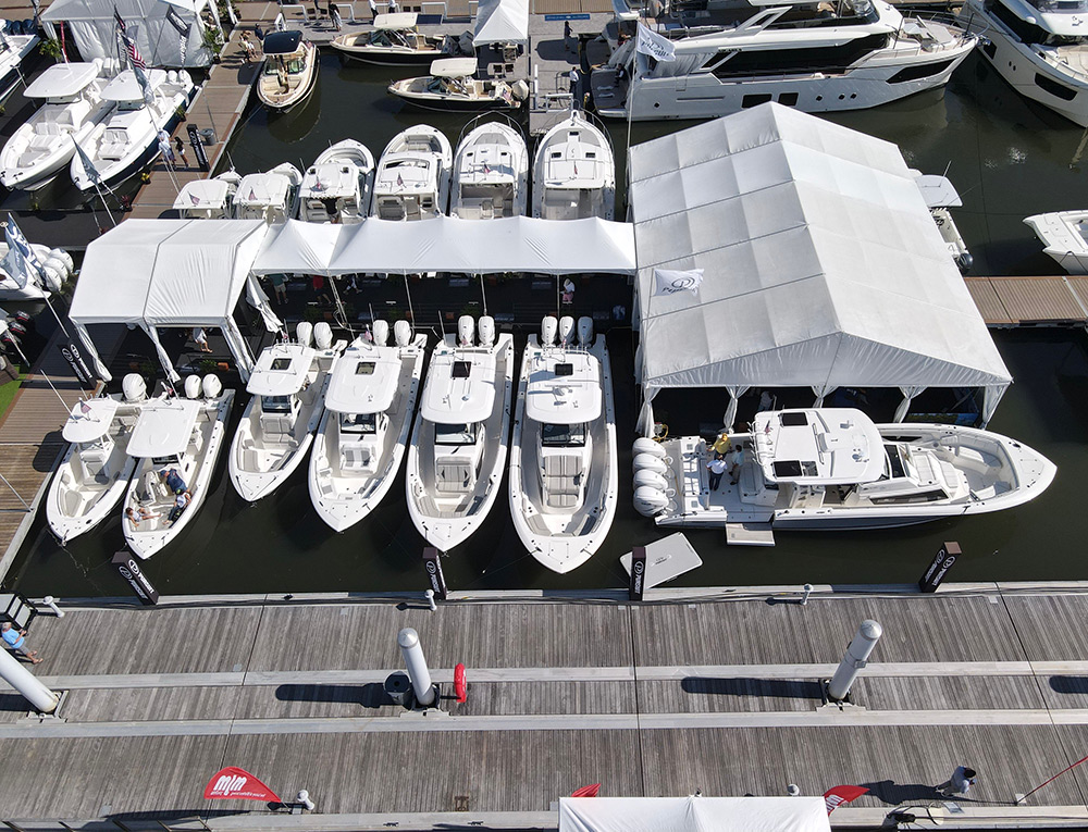 Aerial view of Pursuit in water display at boat show.