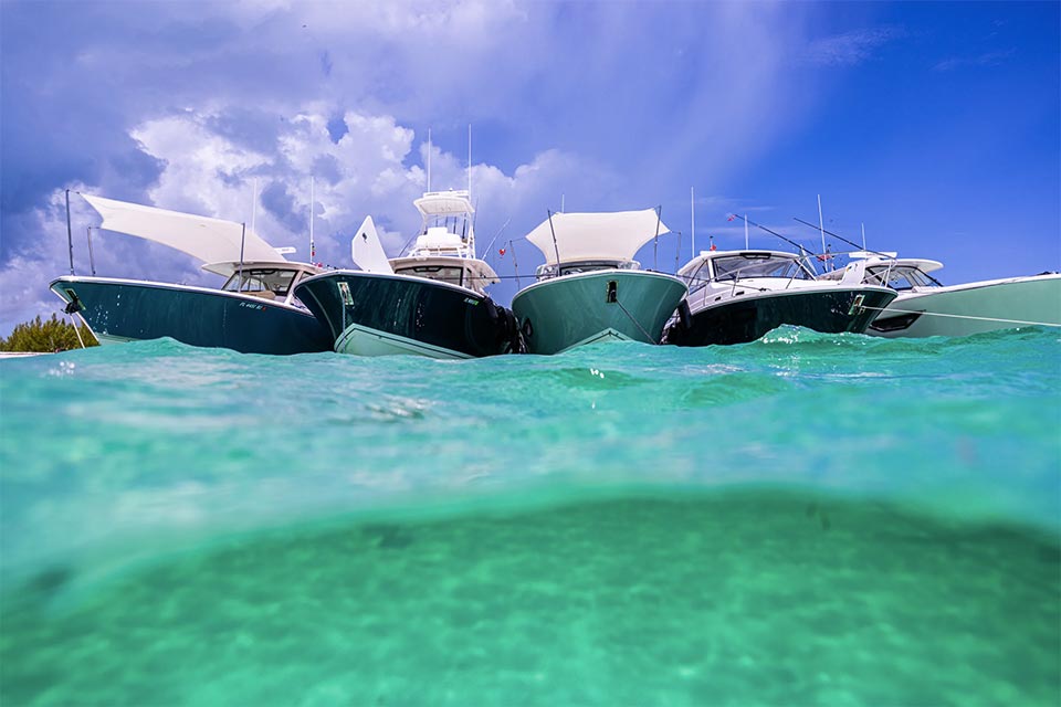 Pursuit Boats raft up at rendezvous in the Bahamas.