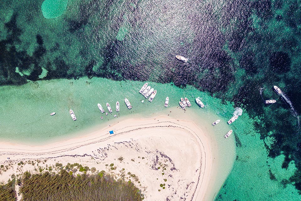 An aerial view of Pursuit Boats at a rendezvous in the Bahamas.